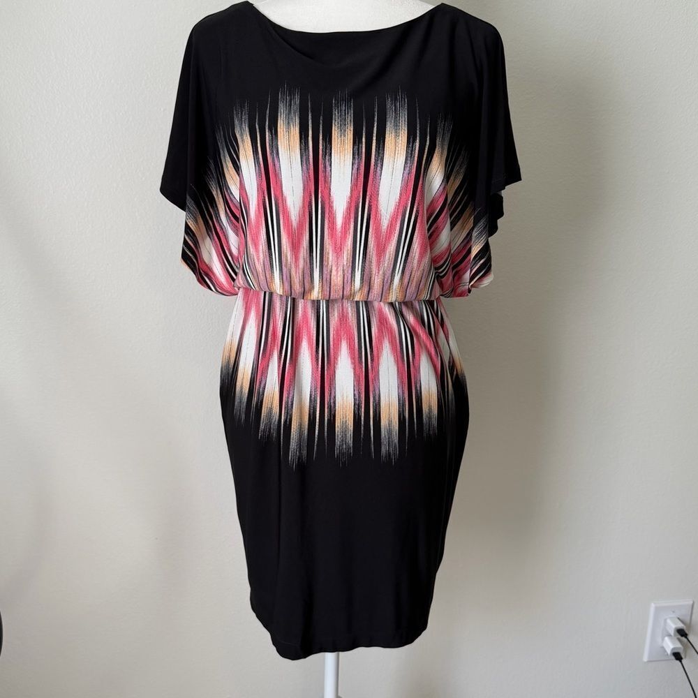 Maggy London Dress Starburst Sz 4 Black Pink Flutter Sleeve Elastic Waist Lined